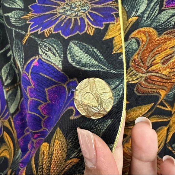 90s Vintage Ultra Dress Women's Floral Blouse Top in Black Purple Orange sz 8 - Picture 6 of 11